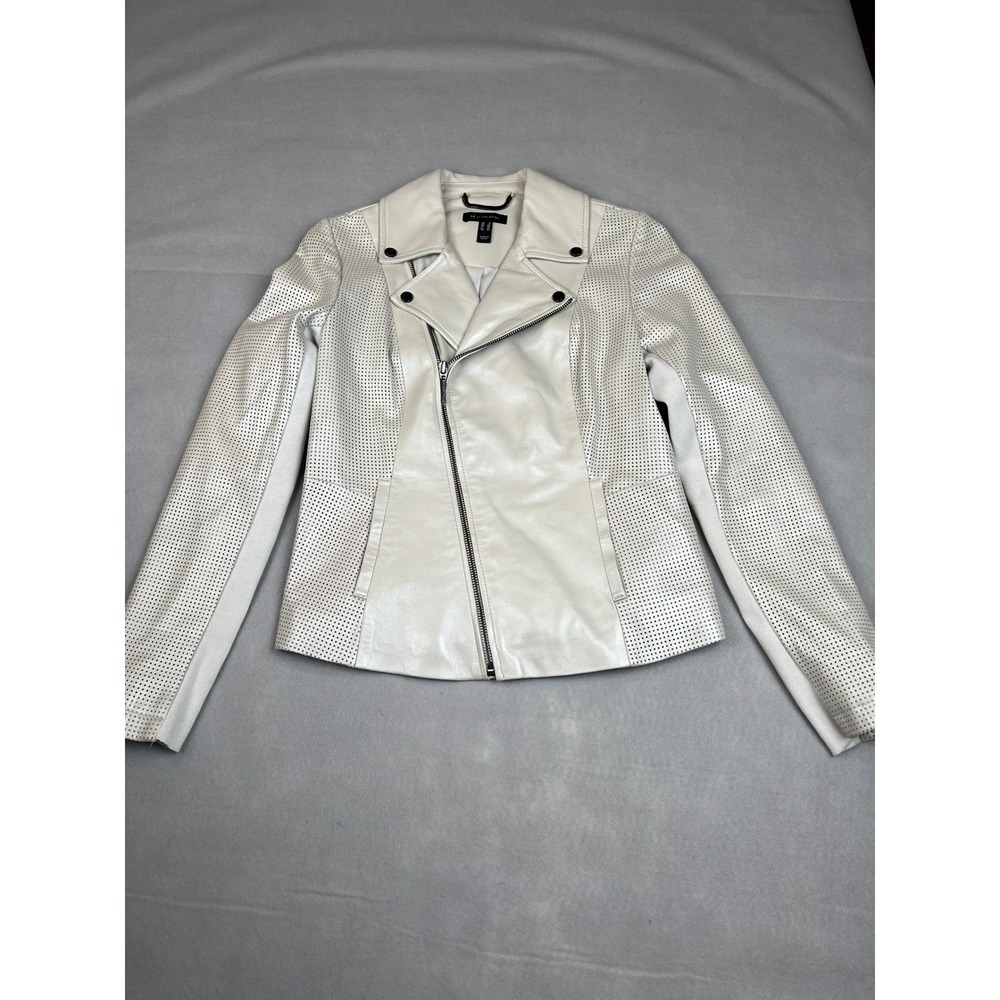 H by Halston Womens Off White Perforated real Leather Moto Edgy Jacket Pearl S4